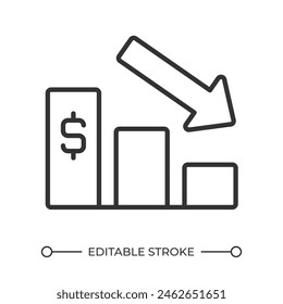 Economic downturn linear icon. Downward trend. Financial crisis. Bear market. Profit loss. Stock market. Thin line illustration. Contour symbol. Vector outline drawing. Editable stroke