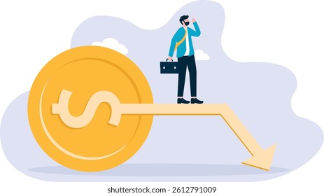Economic downturn and recession, business people walk down the arrow in the middle of the dollar sign

