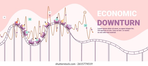 Economic downturn trade war roller coaster people riding unstable graph lines pastel colors abstract finance crisis banner