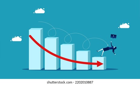 Economic downturn or wrong investment. Businesswomen fall on the chart and the stock market plummets