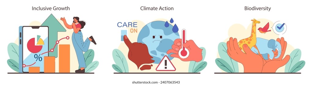 Economic equity, climate urgency, and wildlife conservation set. Charts rising in inclusive growth. Earth pleads for climate action. Hands cradle endangered species. Flat vector illustration.