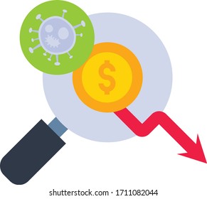 Economic falling forecast due to coronvavirus outbreak concept, Magnifying Glass with Red Moving Down Arrow Virus Vector Flat Icon Design, financial crisis symbol on white background