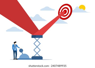 Economic and Financial Concepts. Businessman pulls lever to push graph towards target. businessman. success, economic growth. Flat vector illustration on white background.