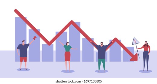 Economic financial crisis concept, stock market graph falling down, bankruptcy. Small people characters. Sinking business process in financial crisis due to Coronavirus. Vector illustration, EPS 10.