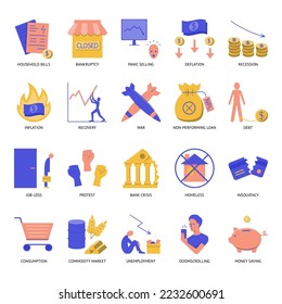 Economic and financial crisis icon set in flat style. Vector illustration.