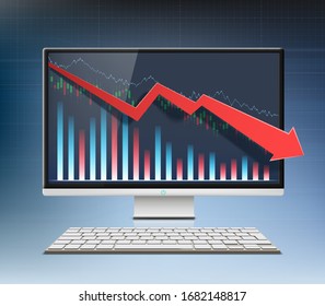 Economic and financial recession in the stock market. Lowering the interest rate. Chart on the monitor screen. Vector illustration