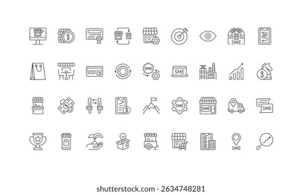 Economic and financial research, vision, automation of process thin black outline symbols vector illustration. Small and medium business growth, startup strategy and goals line icon set.
