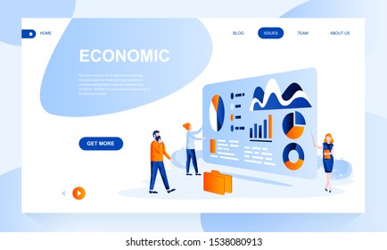 Economic flat landing page template with header. Analytics web banner, homepage design. Financial service vector illustration. Business forecast, research and statistics website layout