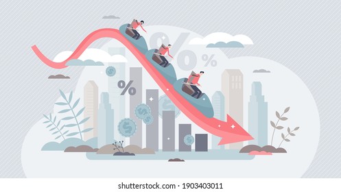 Economic forecast with financial stock value prediction tiny person concept. Business analysis as falling roller coaster up and down vector illustration. Money crisis and global decrease recession.