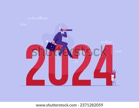 Economic forecast or future vision concept, year 2024 outlook, business opportunity or challenge ahead, year review or analysis concept, confidence businessman with telescope ride on year 2024