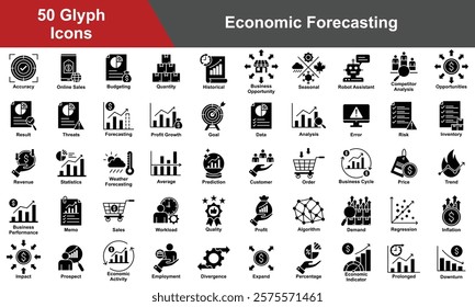 Economic Forecasting Icon Set Collection. Containing Accuracy, Budgeting, Quantity, Opportunities, Result, Threats, Forecasting, Profit Growth, Goal, Data, Analysis. Simple Glyph Vector Illustration.