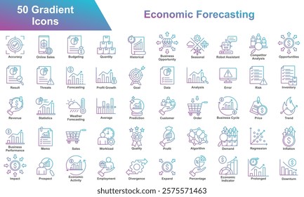 Economic Forecasting Icon Set Collection. Containing Accuracy, Budgeting, Quantity, Opportunities, Result, Threats, Forecasting, Profit Growth, Data, Analysis. Simple Gradation Vector Illustration.