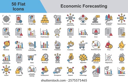 Economic Forecasting Icon Set Collection. Containing Accuracy, Budgeting, Quantity, Opportunities, Result, Threats, Forecasting, Profit Growth, Goal, Data, Analysis. Simple Flat Vector Illustration.