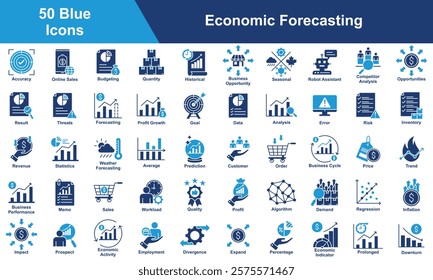 Economic Forecasting Icon Set Collection. Containing Accuracy, Budgeting, Quantity, Opportunities, Result, Threats, Forecasting, Profit Growth, Goal, Data, Analysis. Simple Blue Vector Illustration.