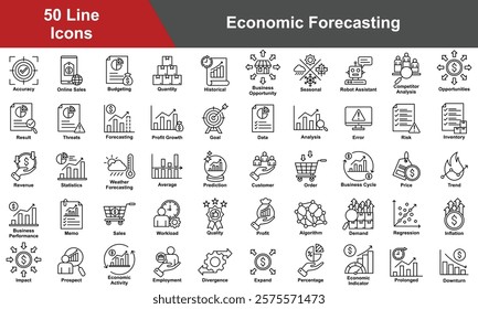 Economic Forecasting Icon Set Collection. Containing Accuracy, Budgeting, Quantity, Opportunities, Result, Threats, Forecasting, Profit Growth, Goal, Data, Analysis. Simple Line Vector Illustration.