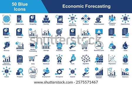 Economic Forecasting Icon Set Collection. Containing Accuracy, Budgeting, Quantity, Opportunities, Result, Threats, Forecasting, Profit Growth, Goal, Data, Analysis. Simple Blue Vector Illustration.