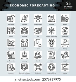 Economic Forecasting icon set containing forecasting, customer, historical, analysis, average, demand, sales, business opportunity, prediction, regression, goal icon. Simple line vector