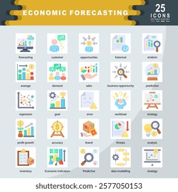 Economic Forecasting icon set containing forecasting, customer, historical, analysis, average, demand, sales, business opportunity, prediction, regression, goal icon. Simple flat vector