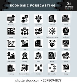 Economic Forecasting icon set containing forecasting, customer, historical, analysis, average, demand, sales, business opportunity, prediction, regression, goal icon. Simple glyph vector