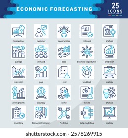 Economic Forecasting icon set containing forecasting, customer, historical, analysis, average, demand, sales, business opportunity, prediction, regression, goal icon. Simple vector illustration