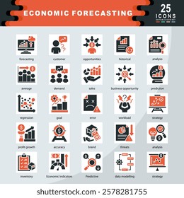 Economic Forecasting icon set containing forecasting, customer, historical, analysis, average, demand, sales, business opportunity, prediction, regression, goal icon. Simple vector illustration