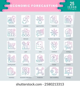 Economic Forecasting icon set containing forecasting, customer, historical, analysis, average, demand, business opportunity, prediction, regression, goal icon. Simple gradient vector illustration