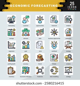 Economic Forecasting icon set containing forecasting, customer, historical, analysis, average, demand, sales, business opportunity, prediction, regression, goal icon. Simple flat line vector