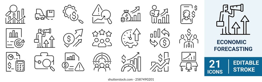 Economic Forecasting web line Icon Set. Containing Accuracy, Budgeting, Quantity, Opportunities, Result, Threats, Forecasting, Profit Growth, Goal, Data, Analysis. Vector Illustration.