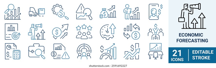 Economic Forecasting web line Icon Set. Containing Accuracy, Budgeting, Quantity, Opportunities, Result, Threats, Forecasting, Profit Growth, Goal, Data, Analysis. Vector Illustration.