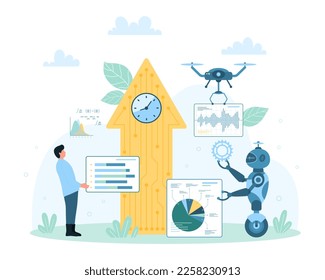 Economic growth with AI management vector illustration. Cartoon tiny man, robot and drone work on automated digital analysis of stock market pie charts near big arrow up with circuit and clock