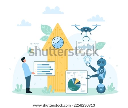 Economic growth with AI management vector illustration. Cartoon tiny man, robot and drone work on automated digital analysis of stock market pie charts near big arrow up with circuit and clock