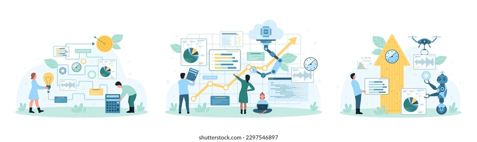 Economic growth, AI technology for stock market trades and financial analysis set vector illustration. Cartoon tiny people research finance infographic data charts with calculator, robots and drone