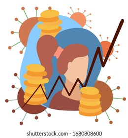 Economic growth chart against the backdrop of the coronavirus epidemic, COVID-19, 2019-ncov. The growth of gold and money, dollars and euros. Economic crisis. Vector flat cartoon illustration.