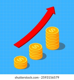 Economic growth concept, including income, revenue, profit, earning, etc. 3D isometric illustration. Isolated vector for banner, poster, presentation, infographic, website, apps, maps, and other uses.