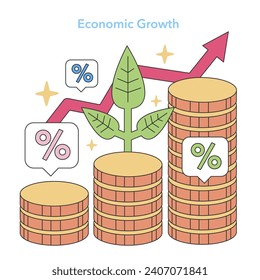 Economic Growth concept. Prosperity visualized with rising graphs, growing plants, and stacked coins. Financial success and investment returns. Flat vector illustration.