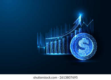 Economic growth concept with rising bar graph, arrow and glowing dollar coin. Symbol of financial success, market progress, and investment. Glowing low polygonal abstract vector illustration.