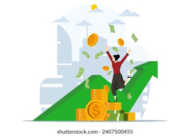 economic growth concept. successful businesswoman happy and jumping into piles of money. profit, growth. Concept of business success, leadership, innovation. the arrow is getting bigger.