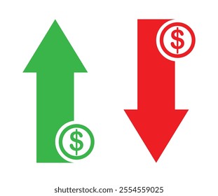 Economic growth or decline icon in green and red color. Earning Money increase decrease icon. Price low and high arrow sign in vector flat style vector illustration.  