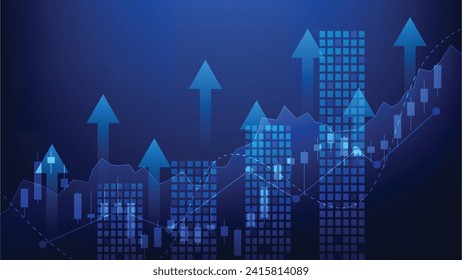 economic growth and financial business earning concept. candlesticks and bar chart on blue background