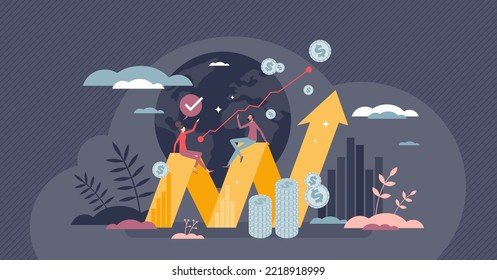 Economic growth or financial development for stock market tiny person concept. Global money value rising with successful business improvement vector illustration. Increased corporate progress chart.