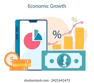 Crecimiento económico. Progreso financiero y rendimientos de las inversiones. Detectar el aumento de la prosperidad y la salud del mercado. Ilustración vectorial plana