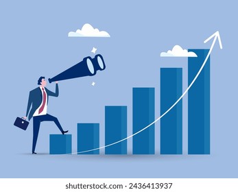 Economic growth forecast, GDP prediction or business vision to grow investment or business, increase profit or earning improvement concept, businessman look on telescope on growth chart diagram.