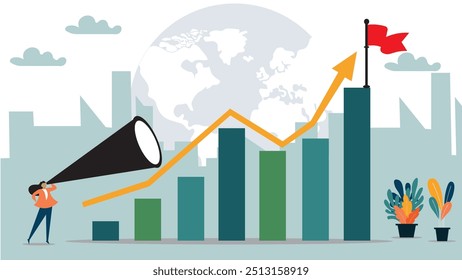 Previsão de crescimento econômico, previsão do PIB ou visão de negócios para aumentar o investimento ou negócio, aumentar o lucro ou ganhar conceito de melhoria, empresária olhar no telescópio no diagrama de gráfico de crescimento. 