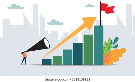 Previsão de crescimento econômico, previsão do PIB ou visão de negócios para aumentar o investimento ou negócio, aumentar o lucro ou ganhar conceito de melhoria, empresária olhar no telescópio no diagrama de gráfico de crescimento. 