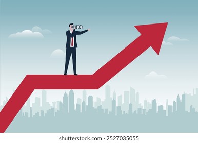 Previsão de crescimento econômico, previsão do PIB ou visão de negócios para aumentar o investimento ou negócio, aumentar o lucro ou conceito de melhoria de ganhos, empresário olhar no telescópio no diagrama de gráfico de crescimento.