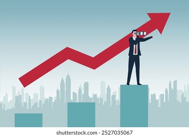 Previsão de crescimento econômico, previsão do PIB ou visão de negócios para aumentar o investimento ou negócio, aumentar o lucro ou conceito de melhoria de ganhos, empresário olhar no telescópio no diagrama de gráfico de crescimento.