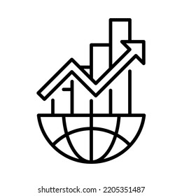 Economic growth icon. Chart with upward arrow placed on global. Outline style. Vector. Isolate on white background.