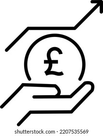 Economic growth icon. Deflation. Revaluation of Pound. Money inside hand. Upward arrow. Outline. Isolate on white background. Vector