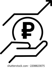 Economic growth icon. Deflation. Revaluation of Ruble. Money inside hand. Upward arrow. Outline. Isolate on white background. Vector