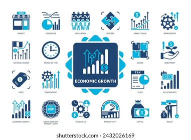 Economic Growth icon set. National Income, Productivity, Development, Market Value, Taxes, Price, Economics, Capital. Duotone color solid icons